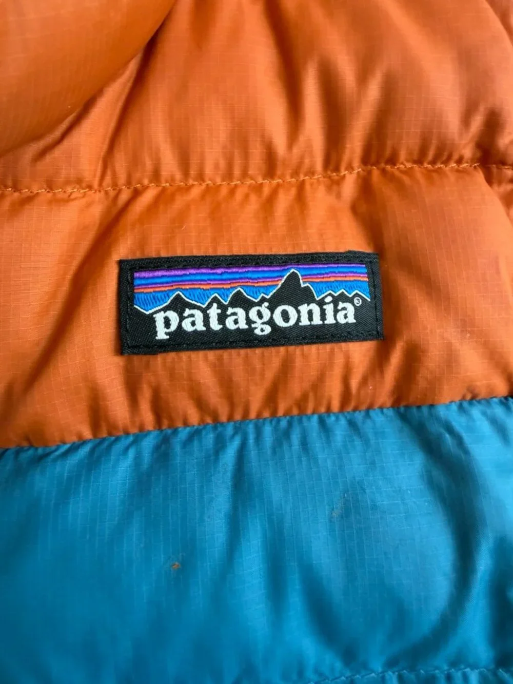 Patagonia Kids Colorblock Down Puffer Vest XS 5-6 Blue Orange Gray